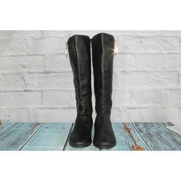 Napoleoni Black Leather Gold Plated Zipper Knee High Boots Size 39 / 9 - Picture 4 of 9